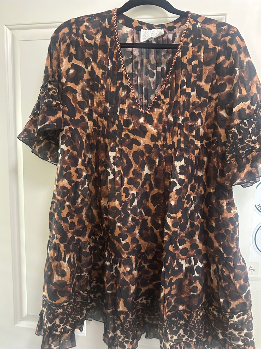 Leopard Print V-Neck Ruffle Swim Coverup - Brown/Black